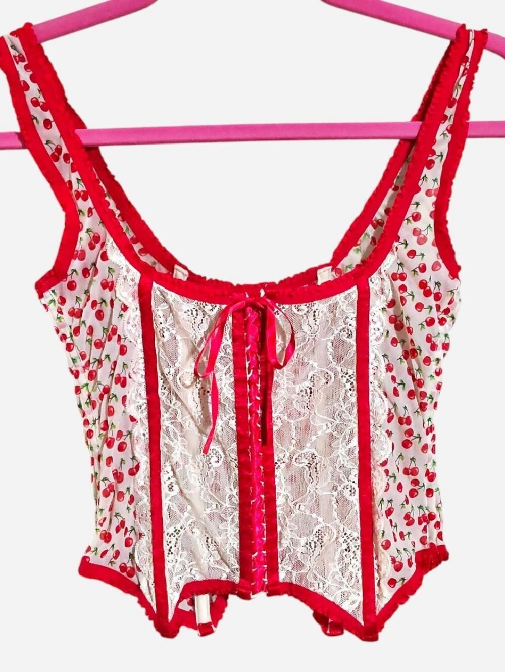 Vintage Jezebel mesh lolita red and white Cherry corset lingerie top with lace